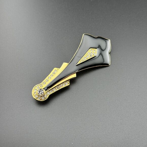 Vintage Art Deco Style Gold-Tone Brooch w Sparkly Rhinestones Black Enamel 3.2" - Picture 2 of 9
